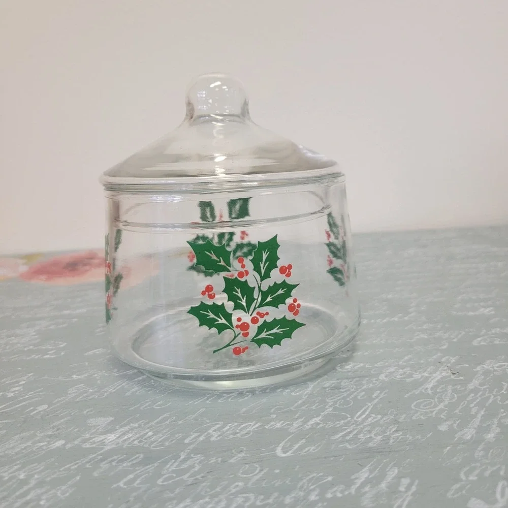 Vintage Indiana Glass Holly Berry Christmas Candy‎ Dish Jar w/ Lid Apothecary